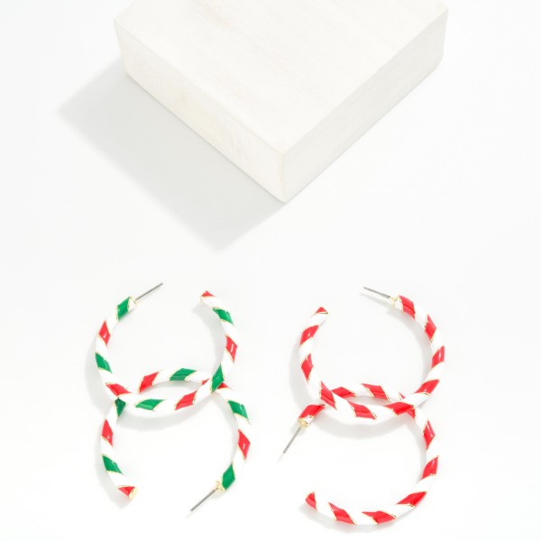 Enamel Stripped Christmas Hoop Earrings 

- Approximately 1.5" D