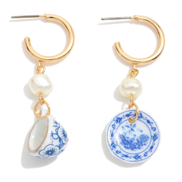 Chinoiserie Plate & Cup Hoop Drop Earrings With Pearl Detail 

- Gold Dipped 
- Approximately 1.75" L
