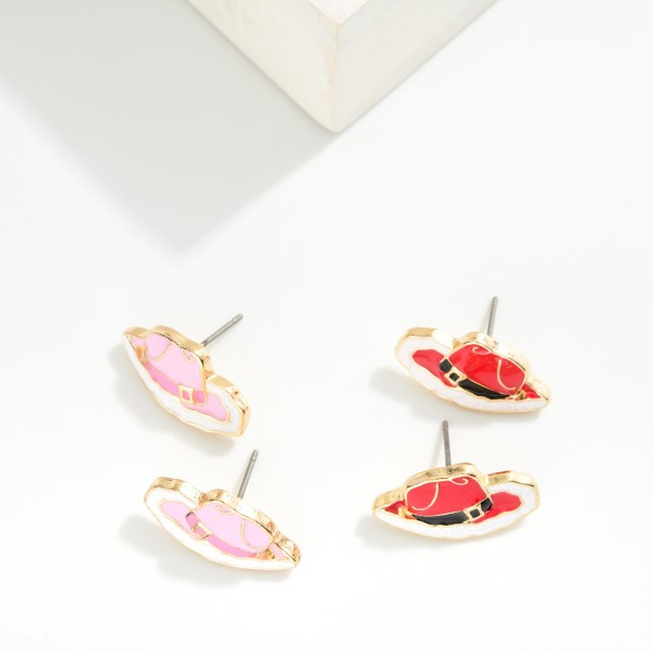Enamel Santa Cowboy Hat Stud Earrings 

- Approximately 1" L