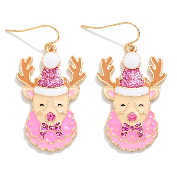 Enamel Metal Reindeer Drop Earring Featuring Glitter & Rhinestone 
- Approximately 1.75" L