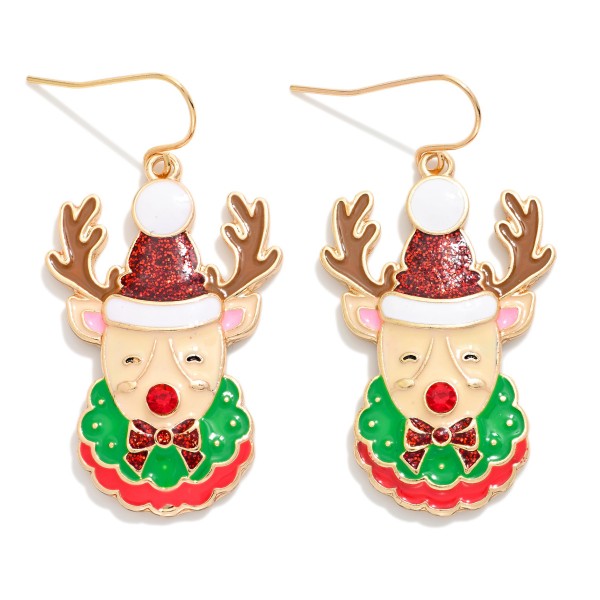 Enamel Metal Reindeer Drop Earring Featuring Glitter & Rhinestone 
- Approximately 1.75" L