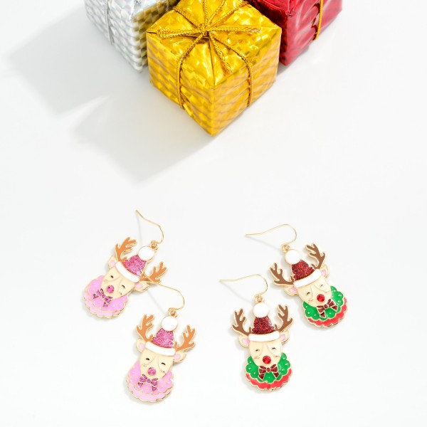 Enamel Metal Reindeer Drop Earring Featuring Glitter & Rhinestone 

- Approximately 1.75" L 