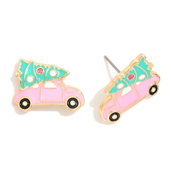 Enamel Car & Christmas Tree Stud Earrings 
- Approximately .5" L