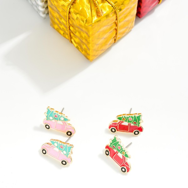 Enamel Car & Christmas Tree Stud Earrings 
- Approximately .5" L