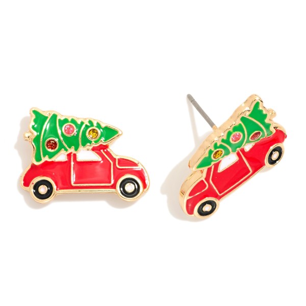Enamel Car & Christmas Tree Stud Earrings 

- Approximately .5" L