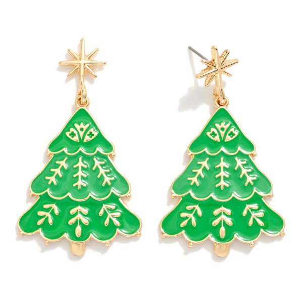 Enamel Christmas Tree Post Drop Earrings Featuring Star Post 

- Approximately 1" L
