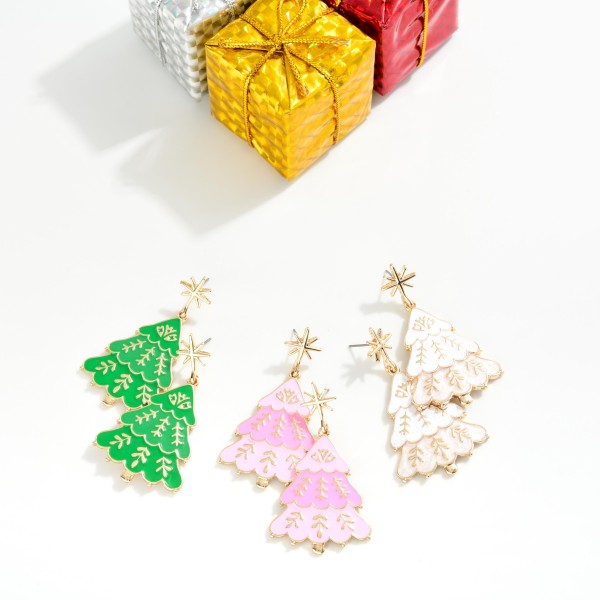 Enamel Christmas Tree Post Drop Earrings Featuring Star Post 

- Approximately 1" L