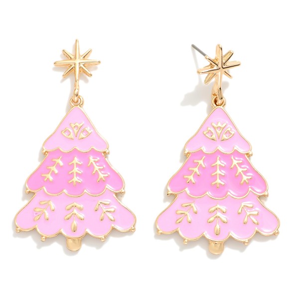 Enamel Christmas Tree Post Drop Earrings Featuring Star Post 

- Approximately 1" L