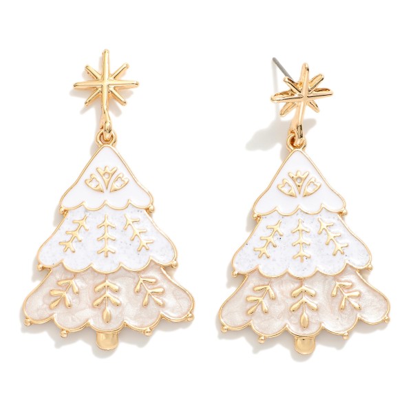 Enamel Christmas Tree Post Drop Earrings Featuring Star Post 

- Approximately 1" L