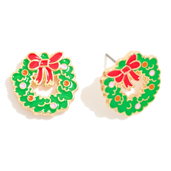 Enamel Christmas Wreath Post Drop Earrings 

- Approximately .75" L