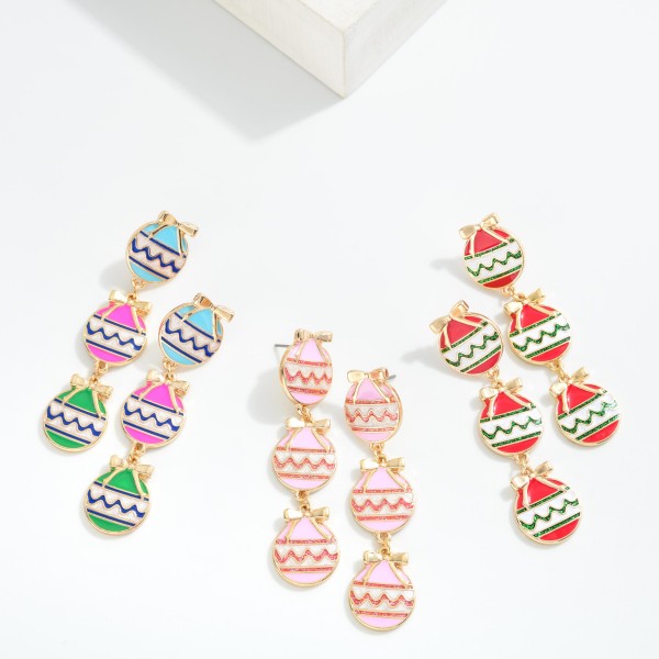 Linked Enamel Christmas Ornament Post Drop Earrings 

- Approximately 2" L
