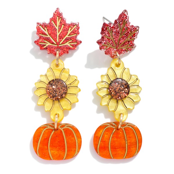 Linked Glitter Acetate Leaf, Sunflower, & Pumpkin Drop Earrings 

- Approximately 2.5" L