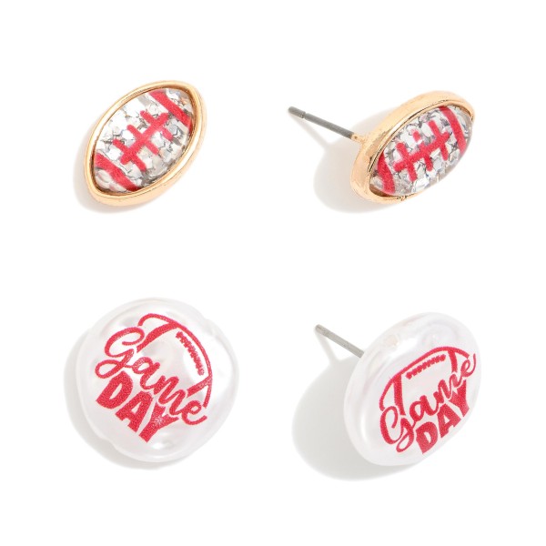 Set Of Two Game Day Stud Earrings Featuring Glitter Acetate Footballs & Pearlescent "Game Day" Detail 

- Approximately .5" L