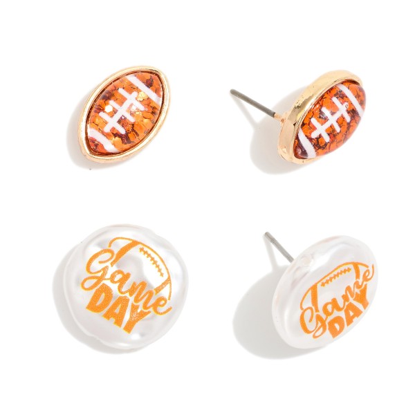 Set Of Two Game Day Stud Earrings Featuring Glitter Acetate Footballs & Pearlescent "Game Day" Detail 

- Approximately .5" L
