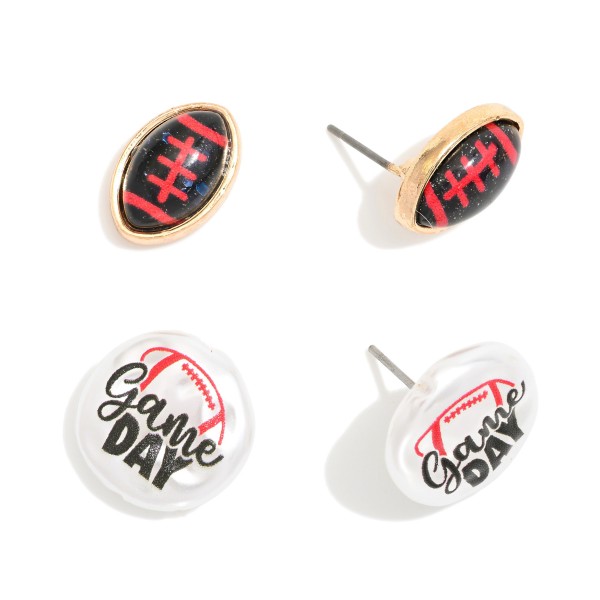 Set Of Two Game Day Stud Earrings Featuring Glitter Acetate Footballs & Pearlescent "Game Day" Detail 

- Approximately .5" L