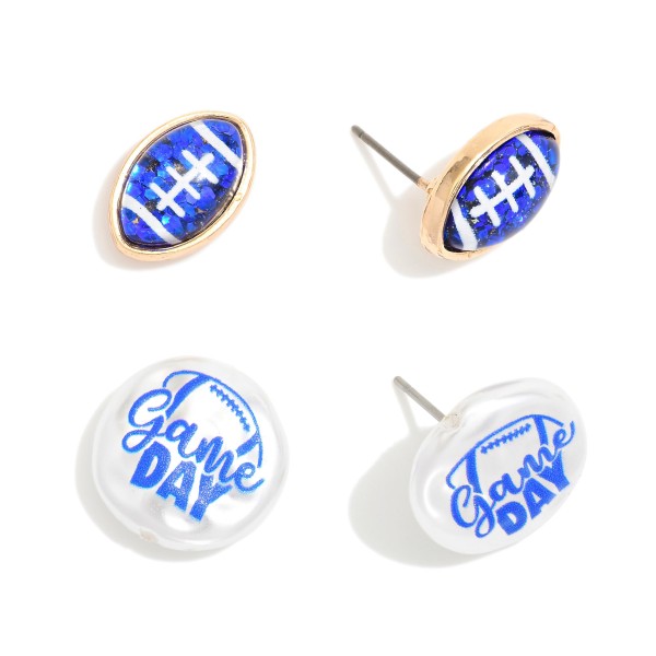 Set Of Two Game Day Stud Earrings Featuring Glitter Acetate Footballs & Pearlescent "Game Day" Detail 

- Approximately .5" L