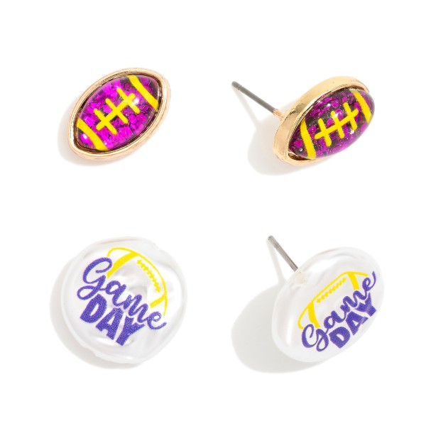 Set Of Two Game Day Stud Earrings Featuring Glitter Acetate Footballs & Pearlescent "Game Day" Detail 

- Approximately .5" L