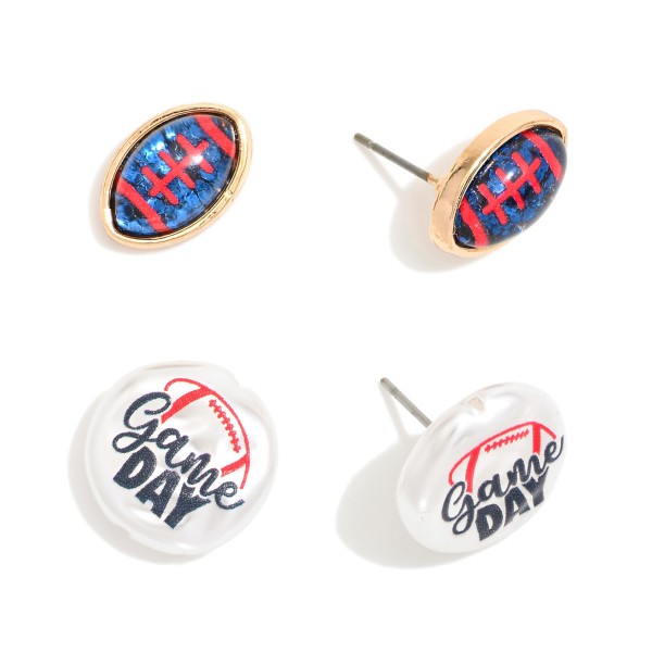 Set Of Two Game Day Stud Earrings Featuring Glitter Acetate Footballs & Pearlescent "Game Day" Detail 

- Approximately .5" L