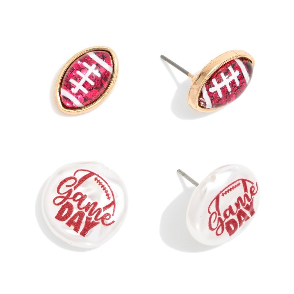 Set Of Two Game Day Stud Earrings Featuring Glitter Acetate Footballs & Pearlescent "Game Day" Detail 

- Approximately .5" L