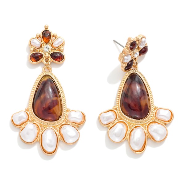 Acetate & Pearl Geometric Shape Post Drop Earrings With Metal Tone Border

- Approximately 2.25" L