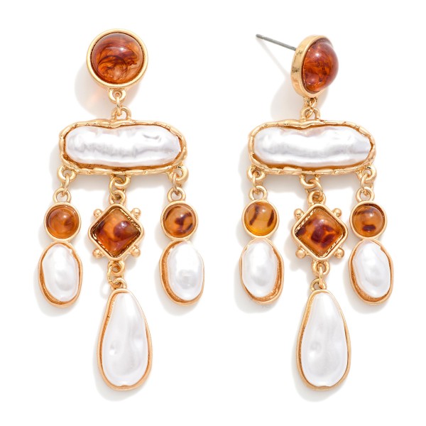 Acetate & Pearl Geometric Shape Post Drop Earrings With Metal Tone Border & Dangle Details 

- Approximately 2.25" L