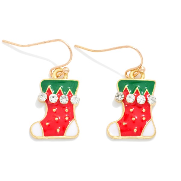 Enamel Christmas Stocking Drop Earrings With Rhinestone Details 

- Approximately 1" L