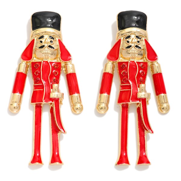 Metal Enamel Nutcracker Christmas Post Drop Earring Featuring Rhinestone Detailing 

- Approximately 2" L