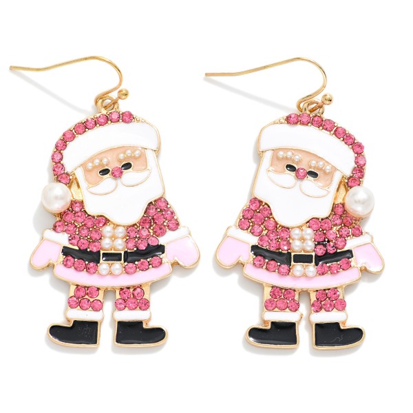 Rhinestone & Pearl Enamel Pink Santa Claus Drop Earrings 

- Approximately 1.75" L