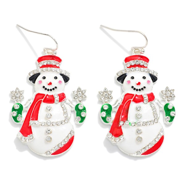 Enamel Snowman Drop Earrings With Rhinestone Details 

- Approximately 2" L