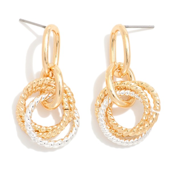 Metal Tone Linked Hoops Post Drop Earrings Featuring Intertwined Textured Metal Hoops Detail 

- Approximately 1.25" L