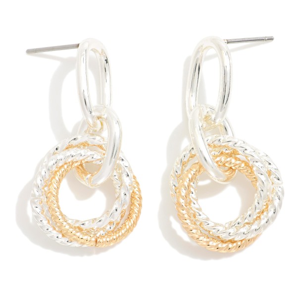 Metal Tone Linked Hoops Post Drop Earrings Featuring Intertwined Textured Metal Hoops Detail 

- Approximately 1.25" L
