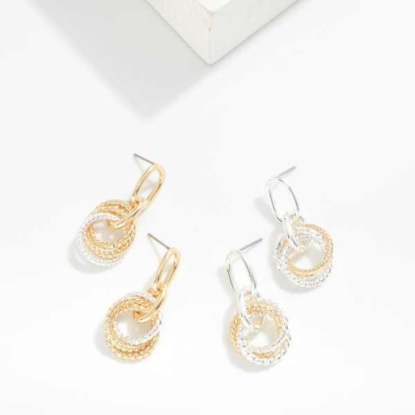 Metal Tone Linked Hoops Post Drop Earrings Featuring Intertwined Textured Metal Hoops Detail 

- Approximately 1.25" L