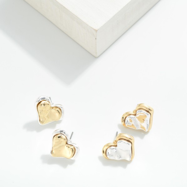 Layered Two Tone Textured Heart Post Drop Earrings 

- Approximately 1" L