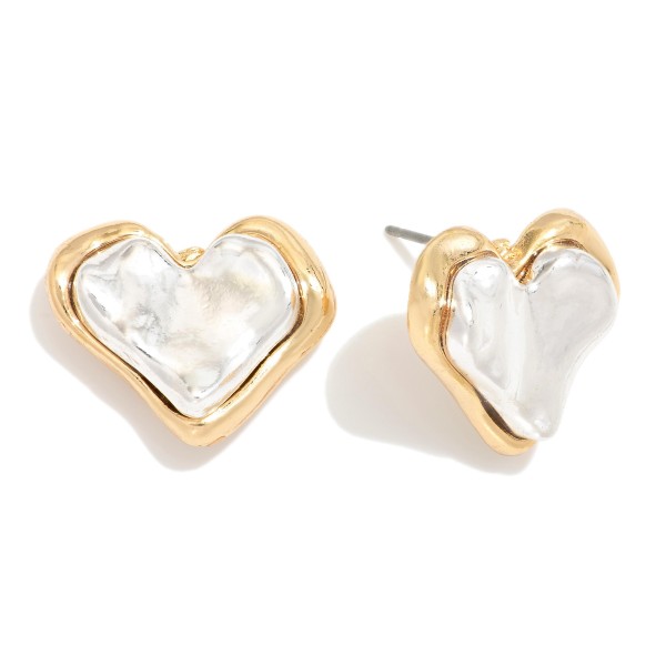 Layered Two Tone Textured Heart Post Drop Earrings 

- Approximately 1" L