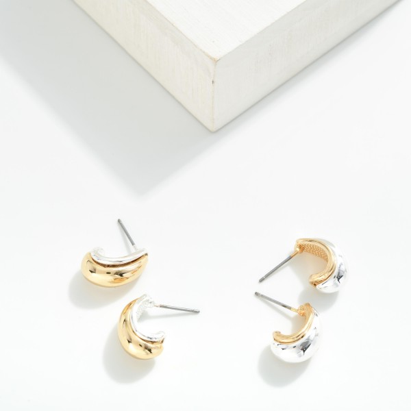 Two Tone Metal Tone Teardrop Hoop Drop Earrings 

- Approximately .75" L