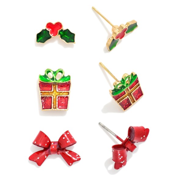 Set Of Three Christmas Themed Stud Earrings Featuring Glitter Detailing   

- Approximately 0.5-0.75" L 