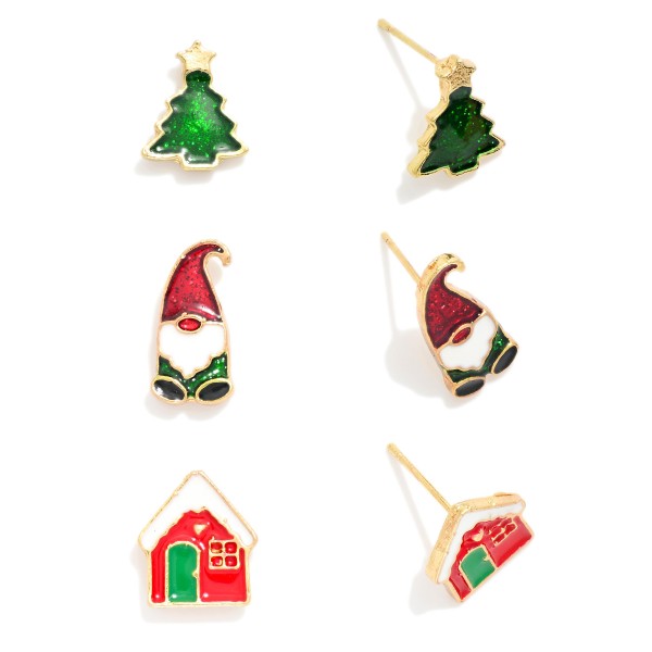 Set Of Three Christmas Themed Stud Earrings Featuring Glitter Detailing   

- Approximately 0.5-0.75" L 