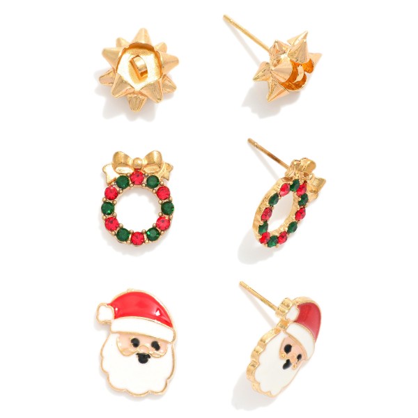 Set Of Three Christmas Themed Stud Earrings Featuring Rhinestones 

- Approximately 0.5-0.75" L 