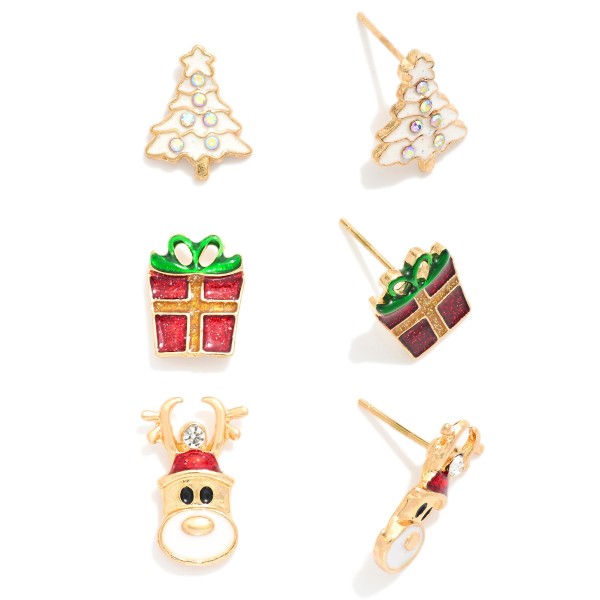 Set Of Three Christmas Themed Stud Earrings Featuring Rhinestones 

- Approximately 0.5-0.75" L 