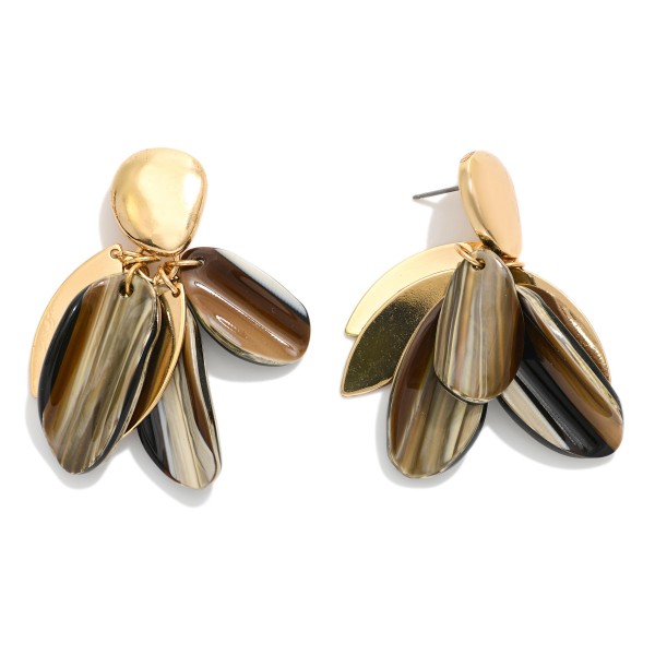 Metal Tone Post Drop Earring Featuring Layered Marbled Petals & Gold Tones 

- Approximately 2" L 