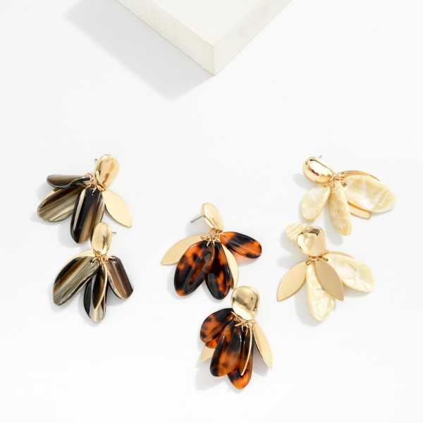 Metal Tone Post Drop Earring Featuring Layered Marbled Petals & Gold Tones 

- Approximately 2" L 