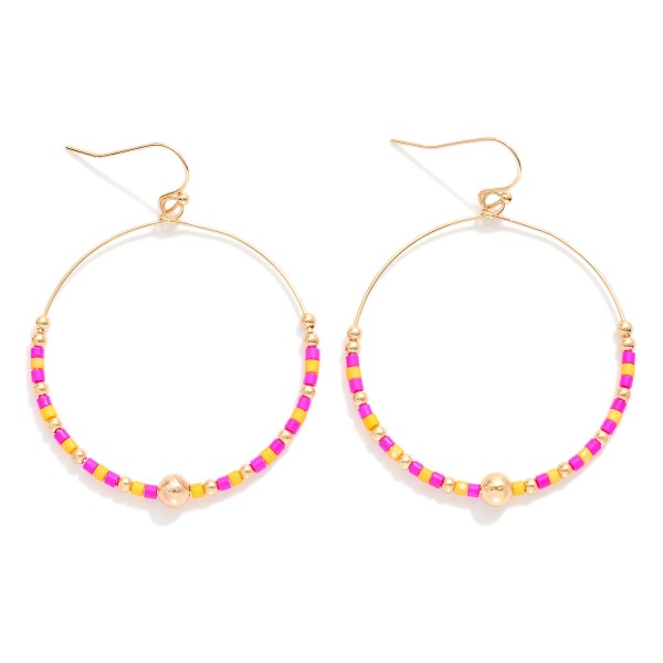 Seed Beaded Hoop Drop Earring Featuring Gold Tones 

- Approximately 2" L 