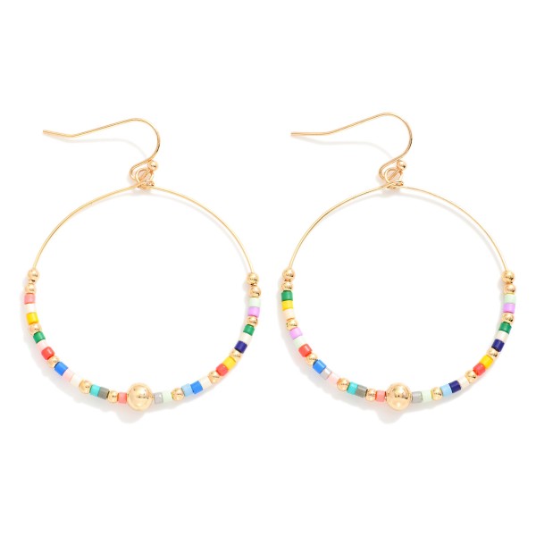 Seed Beaded Hoop Drop Earring Featuring Gold Tones 

- Approximately 2" L 