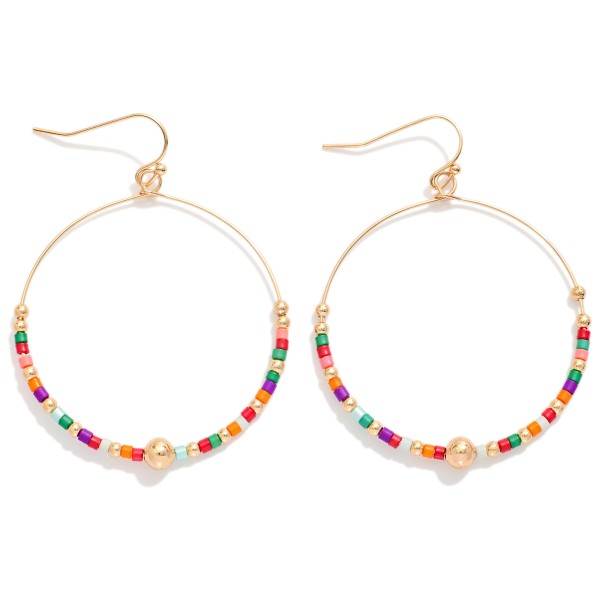 Seed Beaded Hoop Drop Earring Featuring Gold Tones 

- Approximately 2" L 