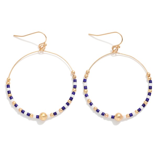 Seed Beaded Hoop Drop Earring Featuring Gold Tones 
- Approximately 2" L