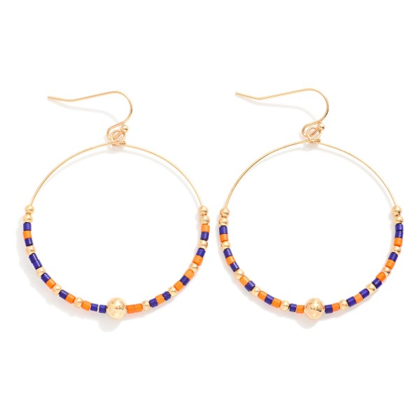Seed Beaded Hoop Drop Earring Featuring Gold Tones 

- Approximately 2" L 