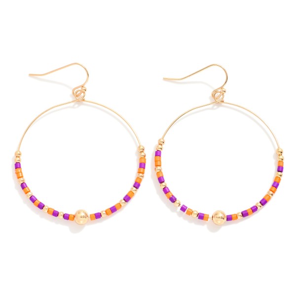 Seed Beaded Hoop Drop Earring Featuring Gold Tones 

- Approximately 2" L 