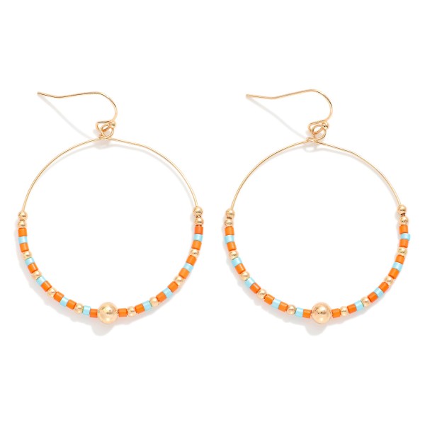 Seed Beaded Hoop Drop Earring Featuring Gold Tones 

- Approximately 2" L 