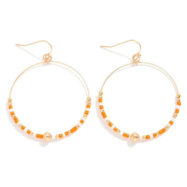Seed Beaded Hoop Drop Earring Featuring Gold Tones 

- Approximately 2" L 
