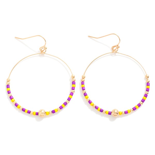 Seed Beaded Hoop Drop Earring Featuring Gold Tones 

- Approximately 2" L 